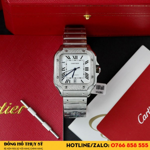 Đồng hồ cartier santos 39,8mm độ kim cương moissanite nhà máy bv replica 