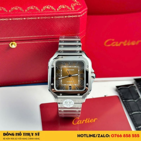 Đồng hồ Cartier Santos de Cartier new 2024 mặt số nâu chải tia sunray