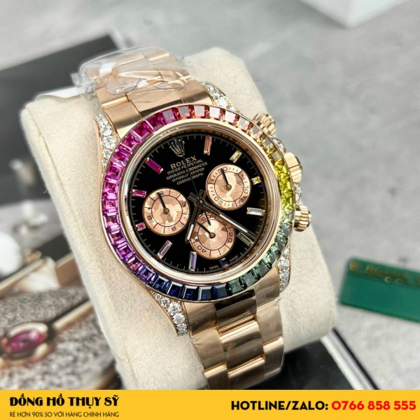 Đồng hồ daytona rainbow bọc vàng viền đá saphire tổng hợp mặt tinh chỉnh 4130