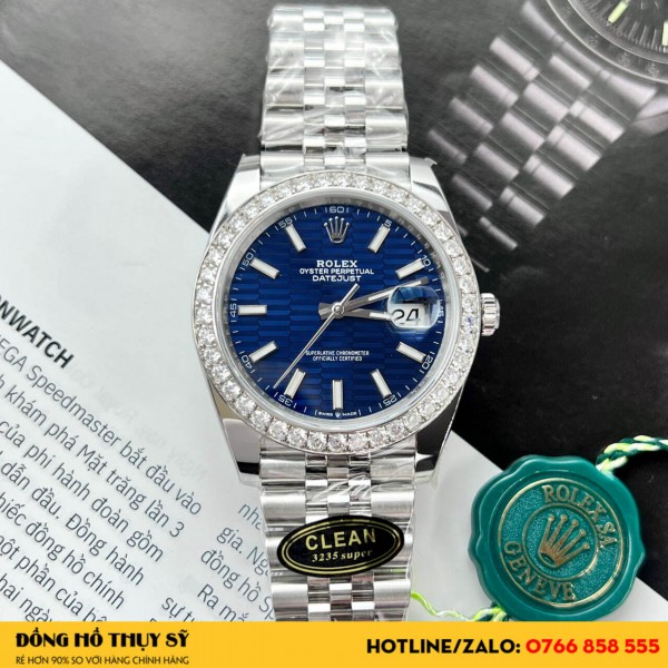 Đồng hồ rolex datejust 41 mặt xanh dương vân nếp gấp  viền moissanite replica 