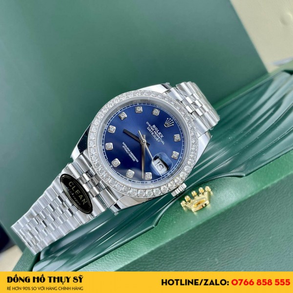 Đồng hồ rolex datejust 41 mặt xanh dương viền moissanite replica 