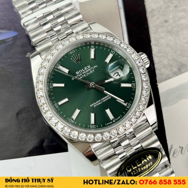 Đồng hồ rolex datejust 41 mặt xanh green viền moissanite fake