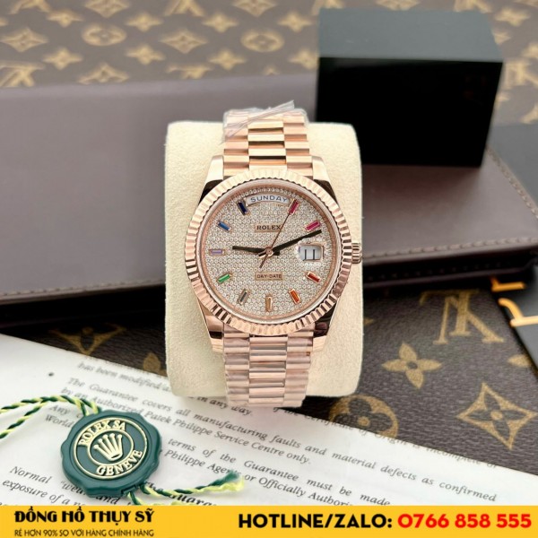 Đồng hồ rolex  Day Date  40 rainbow Bọc Vàng 18k Kim Moissanite 