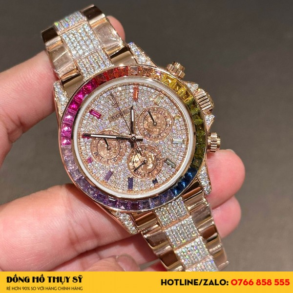 Đồng hồ rolex daytona rainbow độ moissanite fake 1:1