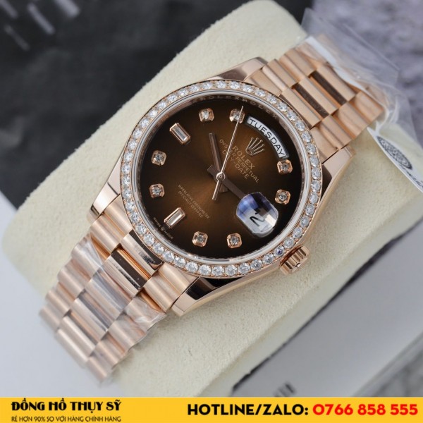 Rolex  Day Date 36  Bọc Vàng 18k Kim Moissanite  128345RBR mặt số ombre nâu replica 