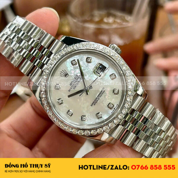 Rolex datejust độ mặt MOP viền moissanite 41mm